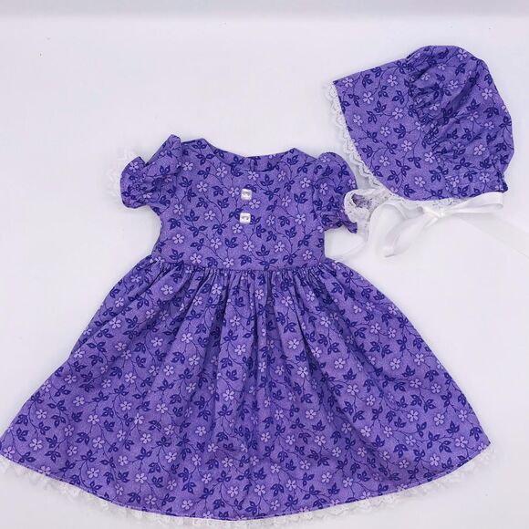 Lavender W Lace Pioneer Doll Dress & Bonnet, Handmade Outfit, For 18 Inch Dolls - Picture 2 of 8